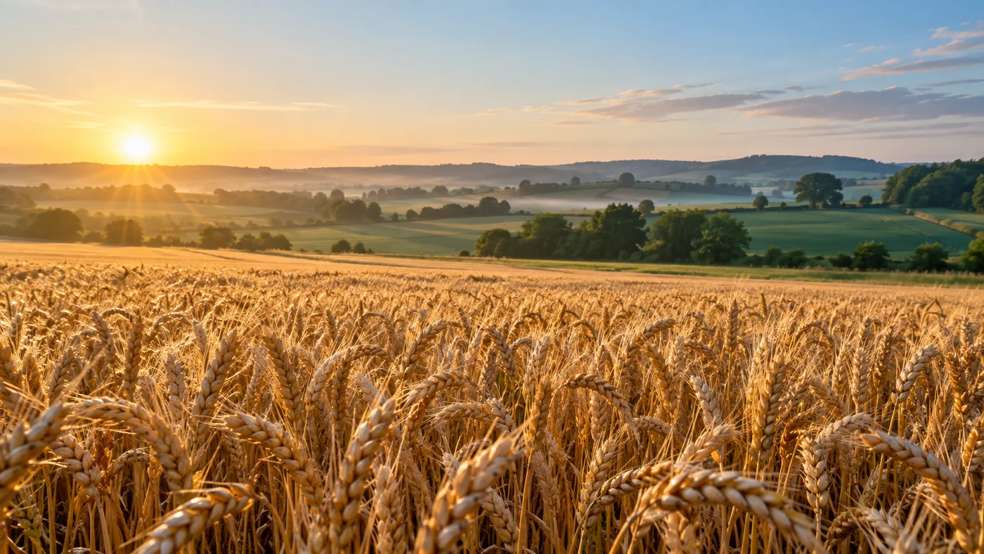 Golden wheat growing in a sunlit agricultural landscape